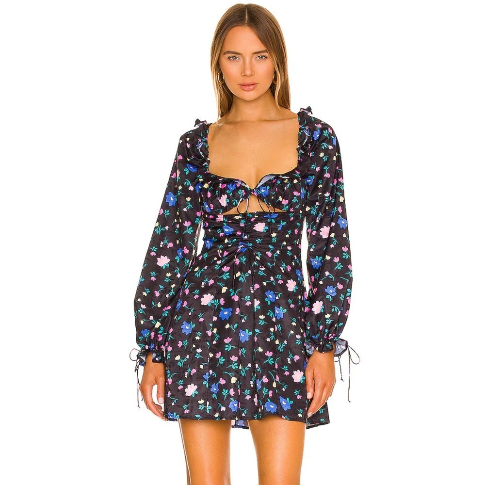 NWT FOR LOVE & LEMONS Lexy Black Floral Print Long Sleeve Mini Dress Small